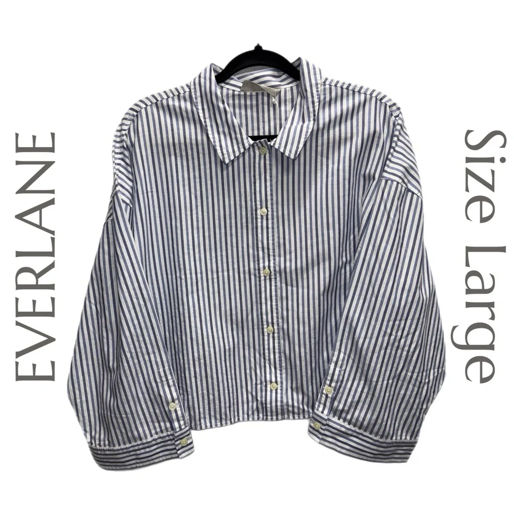Everlane - Blue & White Striped Button-Up Classic Cotton Top - Size Large - Picture 1 of 7